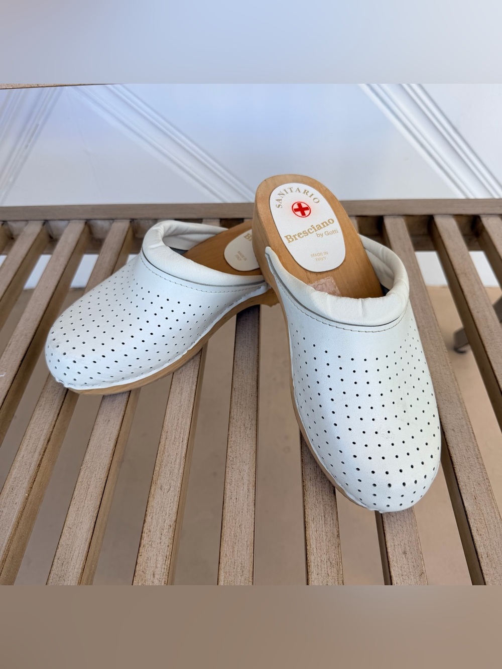 White Perforated Leather Clogs